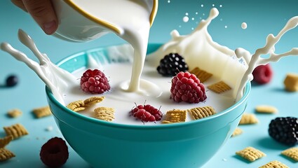 Pouring Milk Over Berries and Cereal splash raspberries