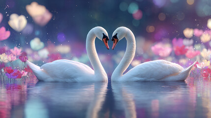 Naklejka premium Photo of two white swans forming a heart shape with their necks on the water, symbolizing love and romance