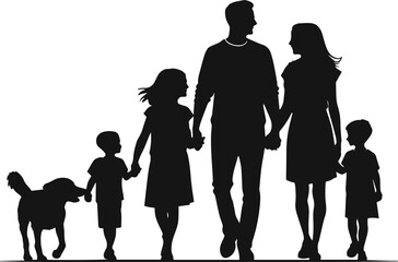 Happy Family with Dog Silhouette Set – Black Vector Collection of Families Holding Hands with Pets