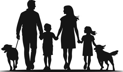 Happy Family with Dog Silhouette Set – Black Vector Collection of Families Holding Hands with Pets