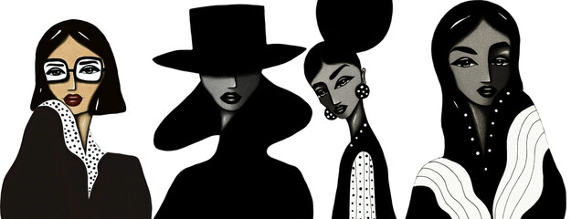 Stylized group portrait of abstract fashion women in black clothing, editorial vector illustration with dramatic lighting, ideal for magazines, posters, branding, fashion blogs, and social content