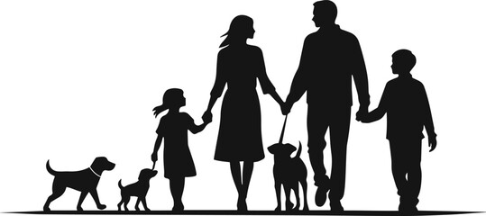 Happy Family with Dog Silhouette Set – Black Vector Collection of Families Holding Hands with Pets