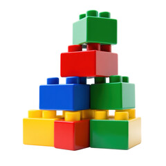 A colorful stack of building blocks arranged in a pyramid shape, showcasing various sizes and shapes in bright primary colors.
