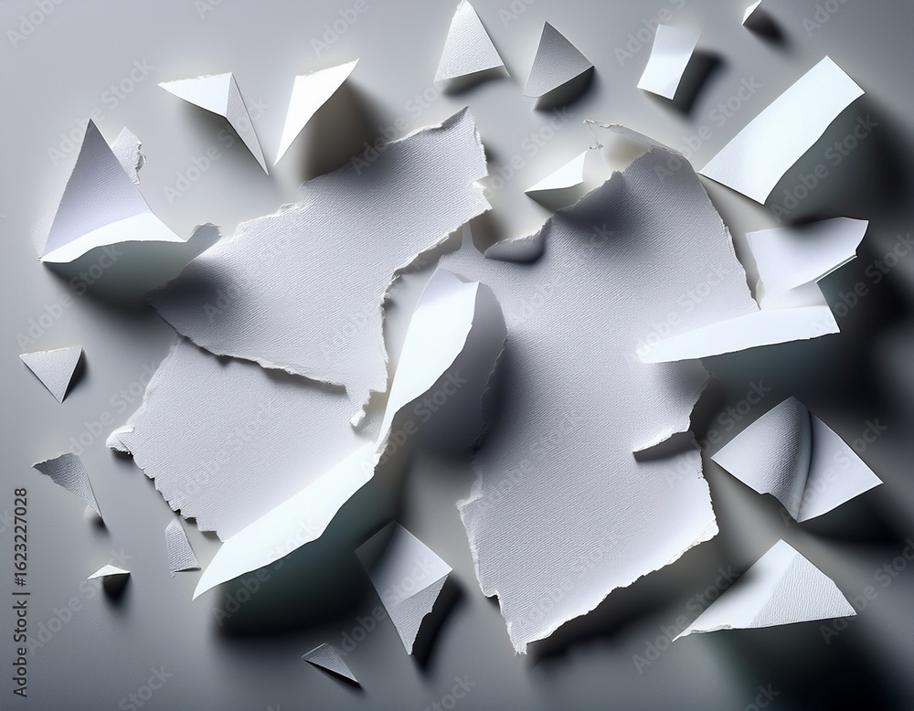 Poster scattered pieces of torn white paper on a light gray background with subtle shadows creating depth