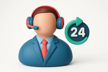 Claymation customer service representative with 24 hour support symbol