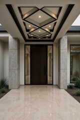 Elegant hallway with geometric ceiling pattern and marble columns