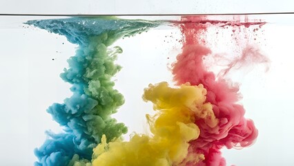 Colorful inks dissolving in water creating abstract shapes and vibrant color gradients on white background
