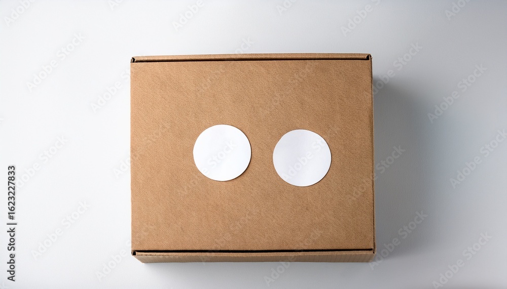 Poster a square cardboard box with two white circular stickers on a plain white background surface view