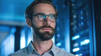 Confident tech expert with glasses in front of server rack, symbolizing IT proficiency, perfect for technology marketing, corporate campaigns, or data center visuals.