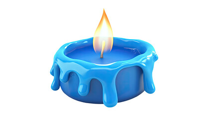 3D rendering of blue burning wax candle with flame on white background