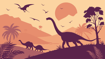 Jurassic prehistoric landscape with dinosaurs silhouettes at sunset. Ancient world scene with large long neck dinosaur and flying reptiles.