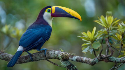 Toucan jumping between branches in a lush jungle