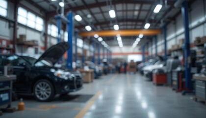 A spacious car repair workshop with vehicles being serviced, open hoods, tools, and professional mechanics working in an organized automotive environment.