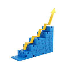 Fototapeta premium Blue puzzle pieces forming ascending steps with yellow arrow graph image png, cut out, clipping path, social media, Advertisement, high quality, HD photo, close up.