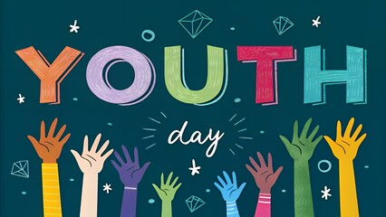 Colorful youth day illustration with raised hands and decorative elements on a dark background