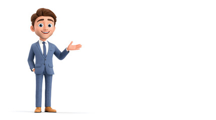 3d render of businessman in suit presenting something on white background