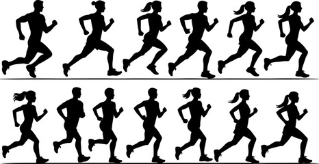 Jogging People Silhouette Set – Black Vector Collection of Running and Jogging Poses