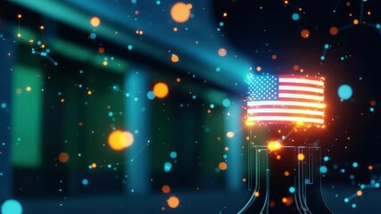 A vibrant digital representation of an American flag illuminated with colorful particles set against a blurred urban background symbolizing patriotism and technological advancement - Powered by Adobe