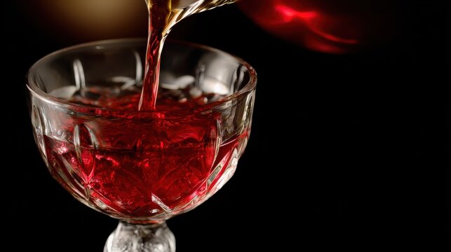 Refined wine goblet with deep red content in artistic still life, perfect for luxury branding, culinary visuals, or beverage advertisements.