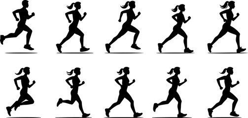 Jogging People Silhouette Set – Black Vector Collection of Running and Jogging Poses