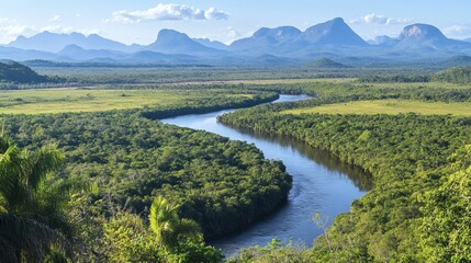 River winding through lush green rainforest landscape.