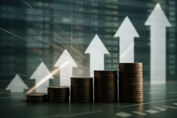 Financial growth represented by rising stacks of coins and upward trending arrows