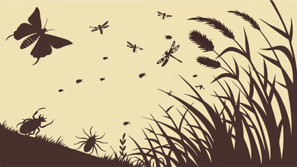 Silhouette of diverse insects and bugs flying and crawling in a summer field with tall grass and plants. Nature scene.