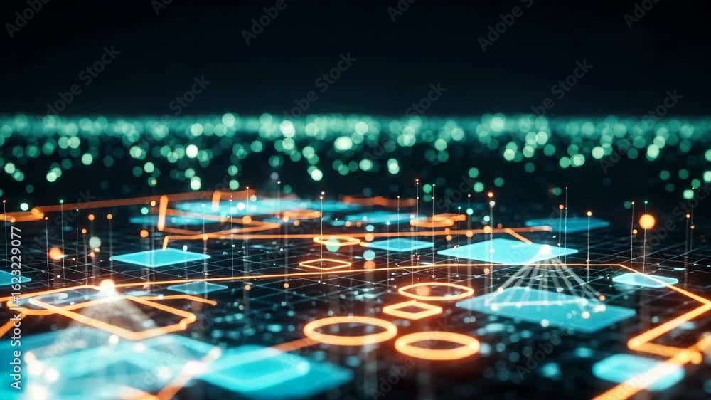 Poster a futuristic digital landscape showcasing interconnected data nodes and glowing circuits against a b