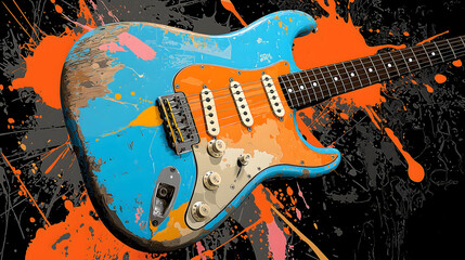 Illustration of colorful electric guitar on dark background
