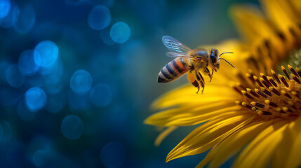 A bee landing on a sunflower with visible pollen