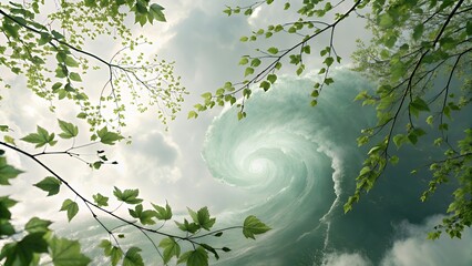 View of swirling clouds through tree branches with green leaves against a bright cloudy sky
