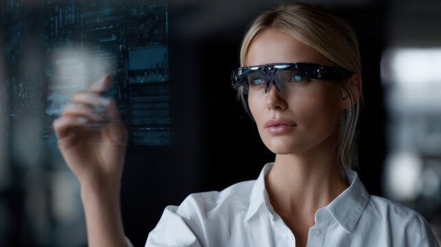 Businesswoman wearing smart glasses using virtual interface to control technology in her office, futuristic technology concept with businesswoman working on holographic screen or AR digital graphics.
