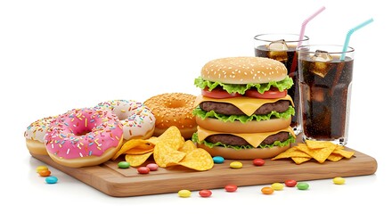 An assortment of unhealthy fast food, featuring a large cheeseburger, sweet donuts, tortilla chips, and two glasses of soda.
