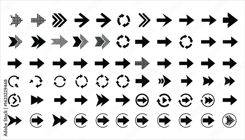 Poster collection of black directional and circular arrows forward repeat