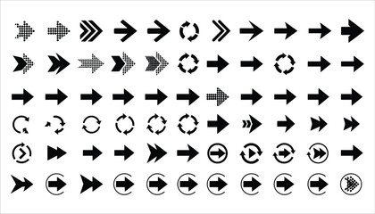 Collection of black directional and circular arrows forward repeat