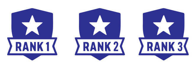 Colored Vector Rank Badges Including Rank 1, Rank 2, and Rank 3 in a Clean Silhouette Style, Editable Formats: AI, EPS, JPG, PNG, Ideal for Both Digital and Print Use
