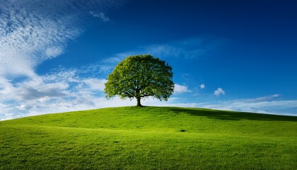 a solitary tree on a green hill under a blue sky