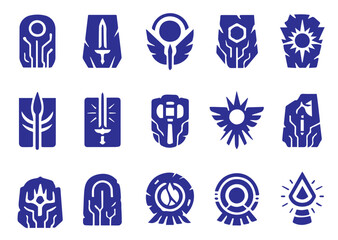 Colored Vector Badges in Solid Silhouette Style Blending Ancient Mysticism with Futuristic Tech, Featuring Stone Tablets, Circuit Lines, Halos, Celestial Symbols, Weapons, Wings, and Sacred Geometry, 