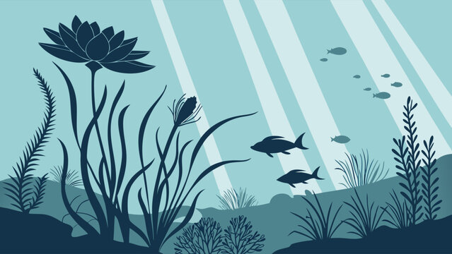 Beautiful underwater nature scene with water lily, fish, aquatic plants, and sunlight rays in clear freshwater.