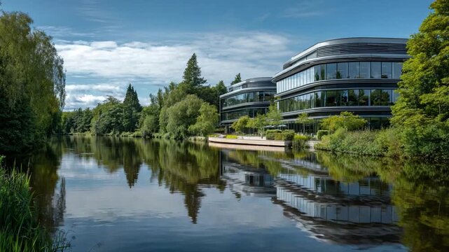 Modern architecture by the water: A stunning modern office building is seamlessly integrated into a tranquil waterfront setting, where nature and innovation converge in a photorealistic scene.