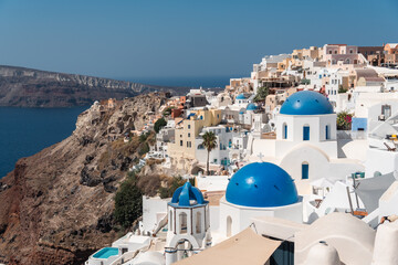 Caldera - Famous view with blue domes in Oia village - Santorini, Greece