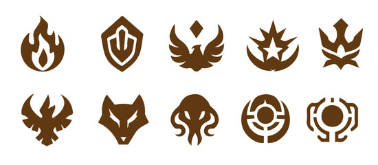 Colored Vector Badge Set in Silhouette Style Featuring Futuristic Tech, Mystical Forces, Heroic Emblems, Mythic Beasts, and Celestial Power, Editable Formats: AI, EPS, JPG, PNG, 
