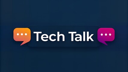 Tech talk logo with speech bubbles in orange and pink on a dark blue gradient background design
