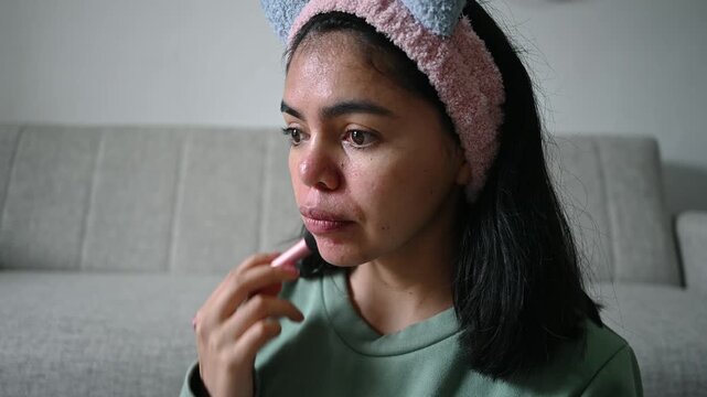 Latin woman applying makeup on face looking at mirror at home, video 4k real time