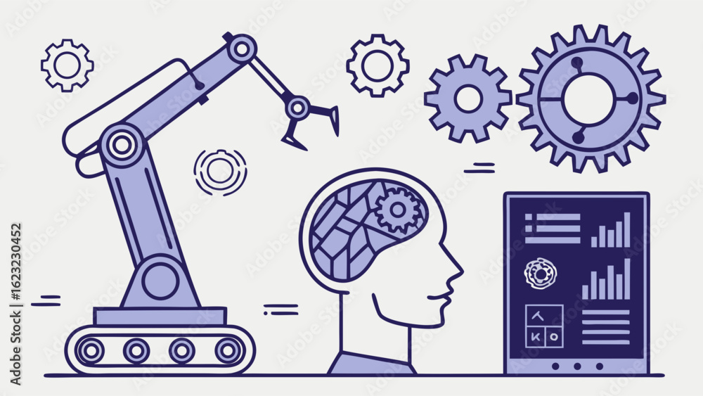 Poster artificial intelligence, robotics, and machine learning. ai brain, robot arm, gears, digital data, a
