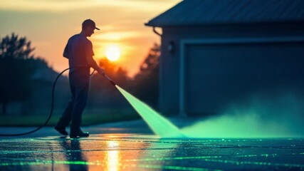 A person using a pressure washer to clean a driveway during sunset with vibrant reflections and mist creating a serene atmosphere in a suburban neighborhood