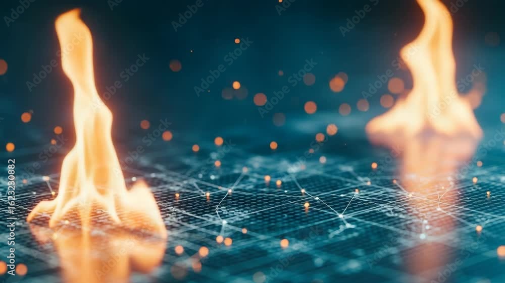 Poster abstract representation of digital flames rising from a grid symbolizing technology and innovation w