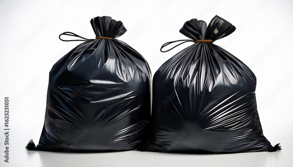 Poster two full black garbage bags tied at the top with a drawstring isolated on white background for easy 