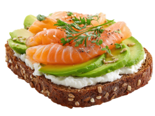 A gourmet sandwich with sliced salmon, avocado, and cream cheese