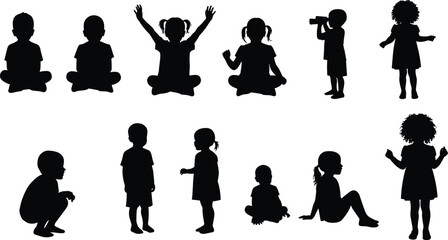 Child silhouettes, diverse poses, playful actions, binocular use, curly hair, ponytails, white background, squatting, sitting, standing, observation moment, stock vector design